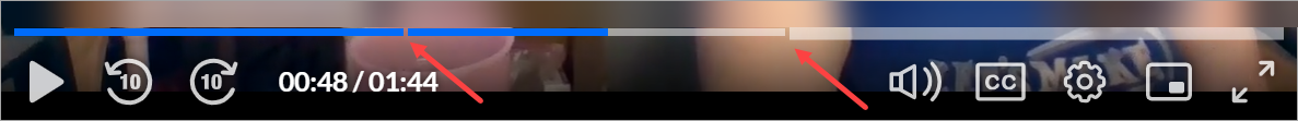 Video player controls with arrows pointing to the timeline breaks.