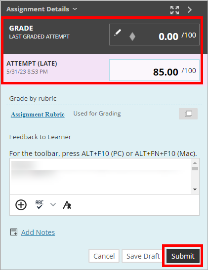 The late attempt is graded but the assignment's original grade has not been overridden.