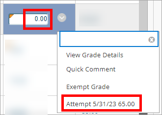 The attempt grade is visible in the dropdown menu.