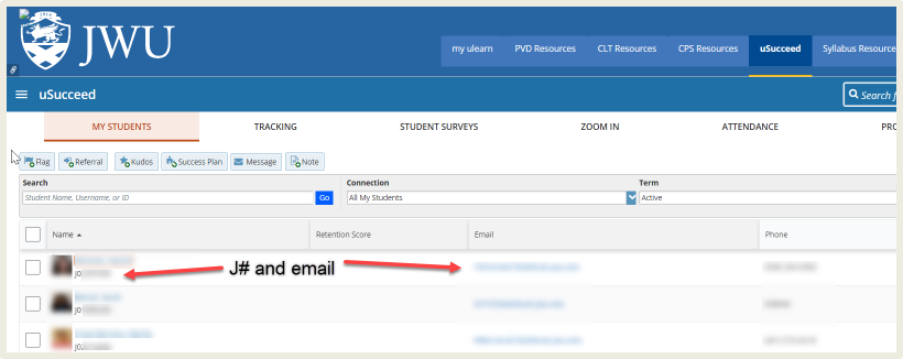 A list of students in uSucceed including information like name, email, and phone number.