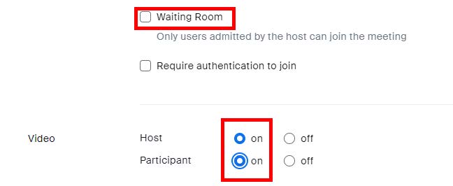 Zoom waiting room and video settings.