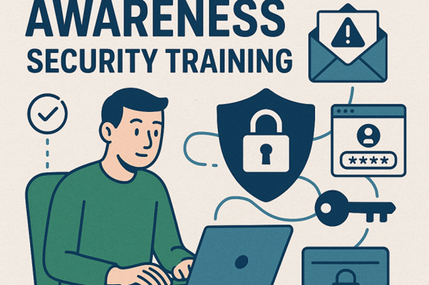 Text reads Awareness Security Training with the visual of a cartoon figure typing on a secure laptop computer surrounded by lock and safety symbols.