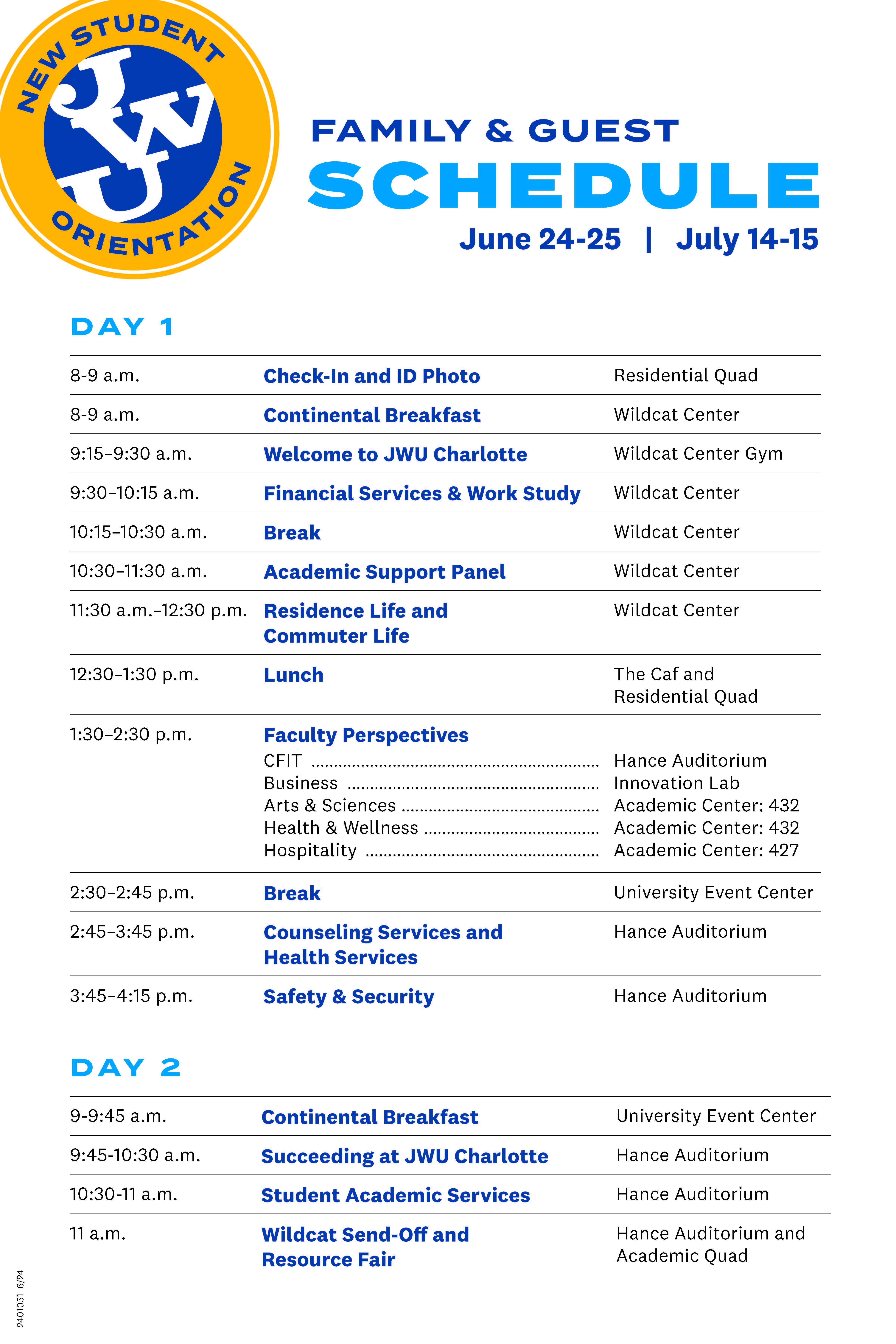Image of the family/guest schedule: timeline is from 8am-5pm on day 1 and 8am-11am on day 2