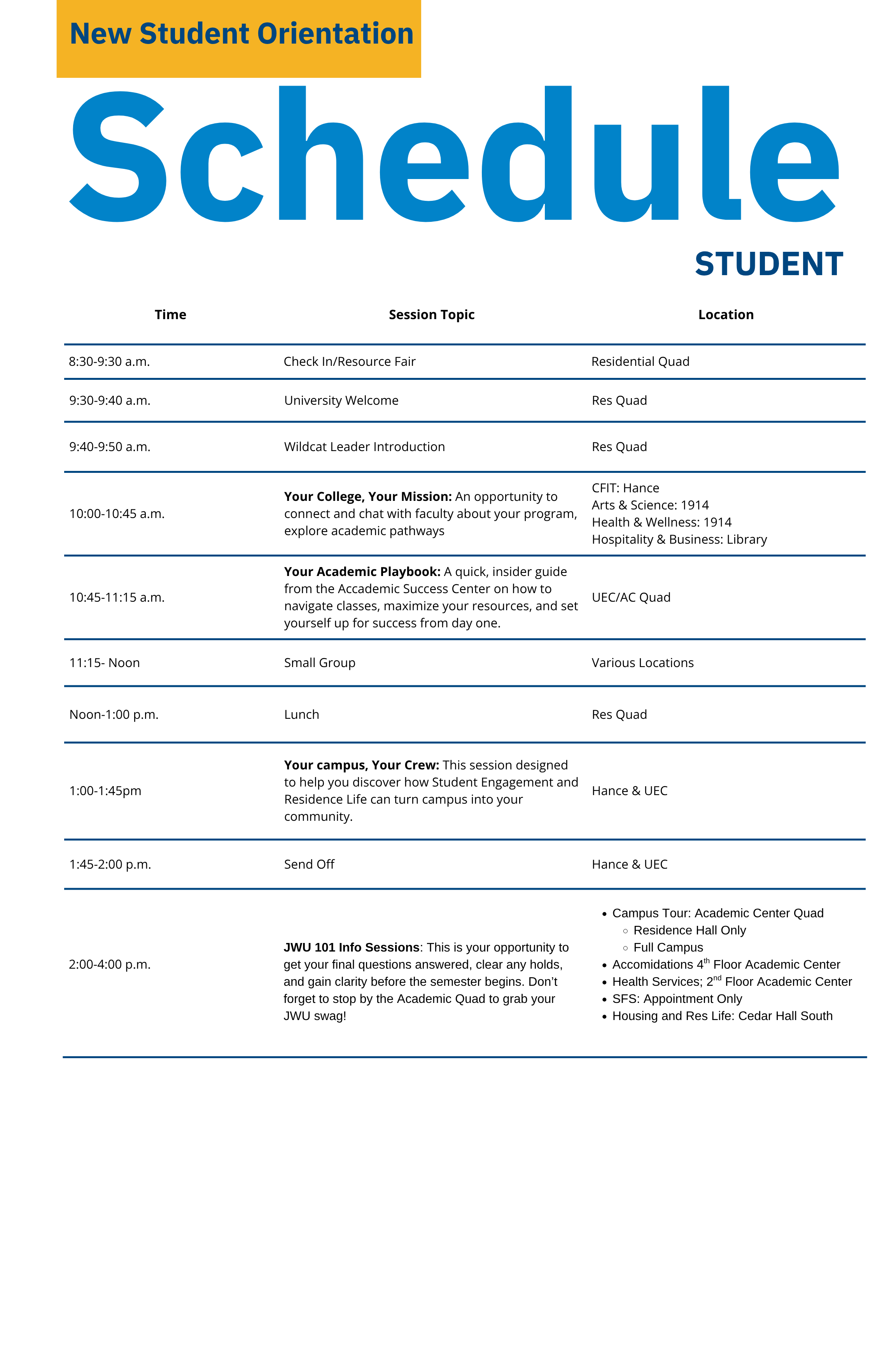 New Student Orientation Schedule for Students