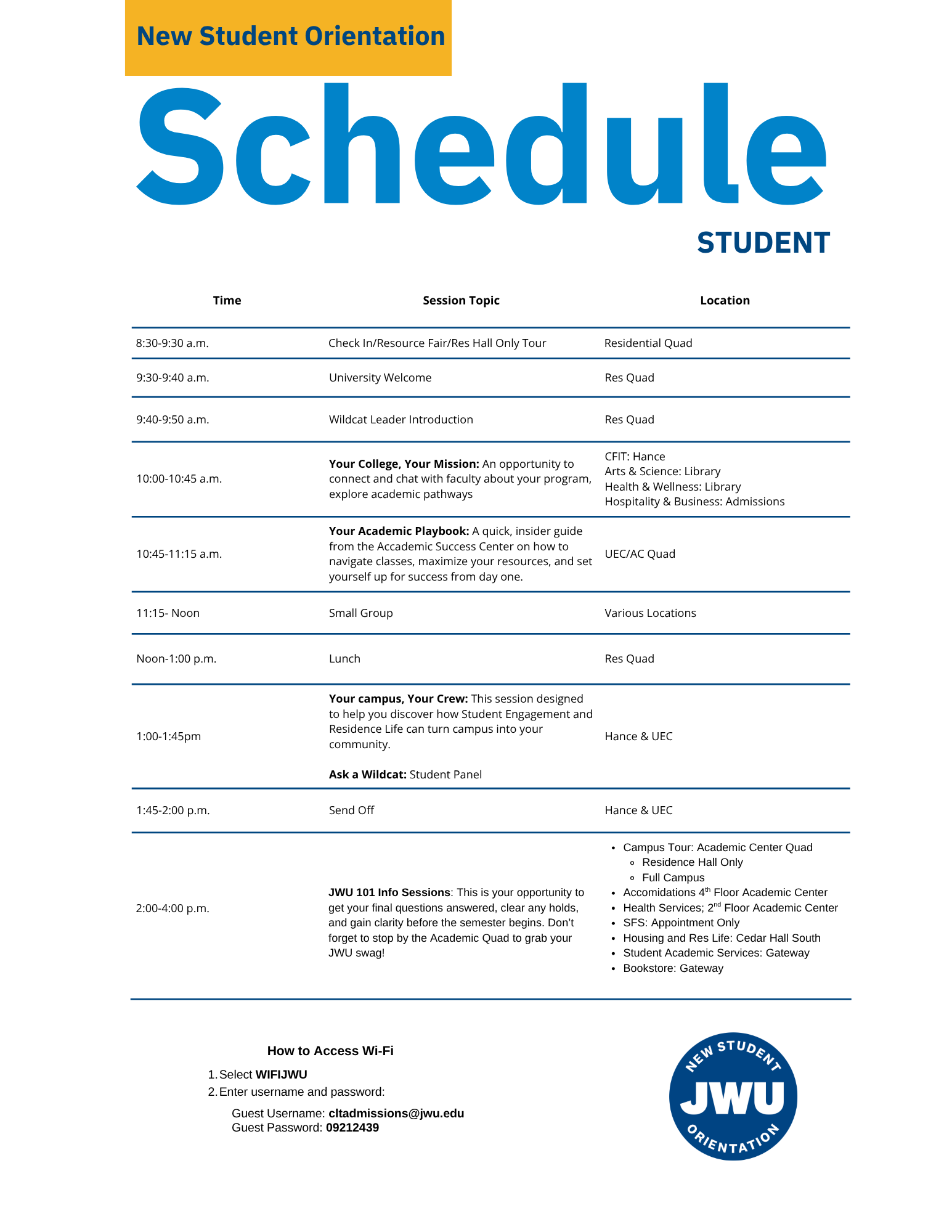 New Student Orientation Schedule for Students