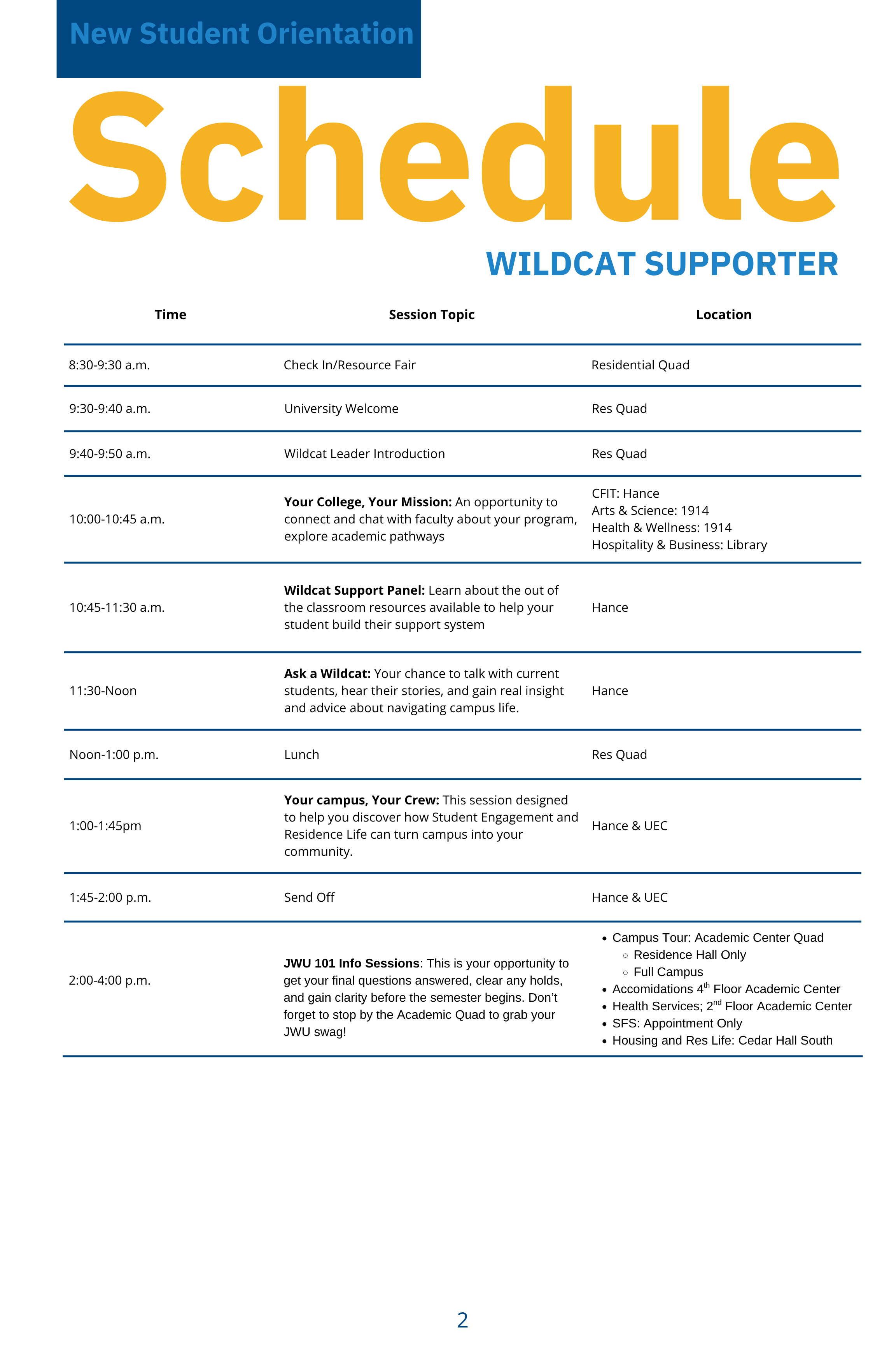 New Student Orientation Wildcat Supporter Schedule