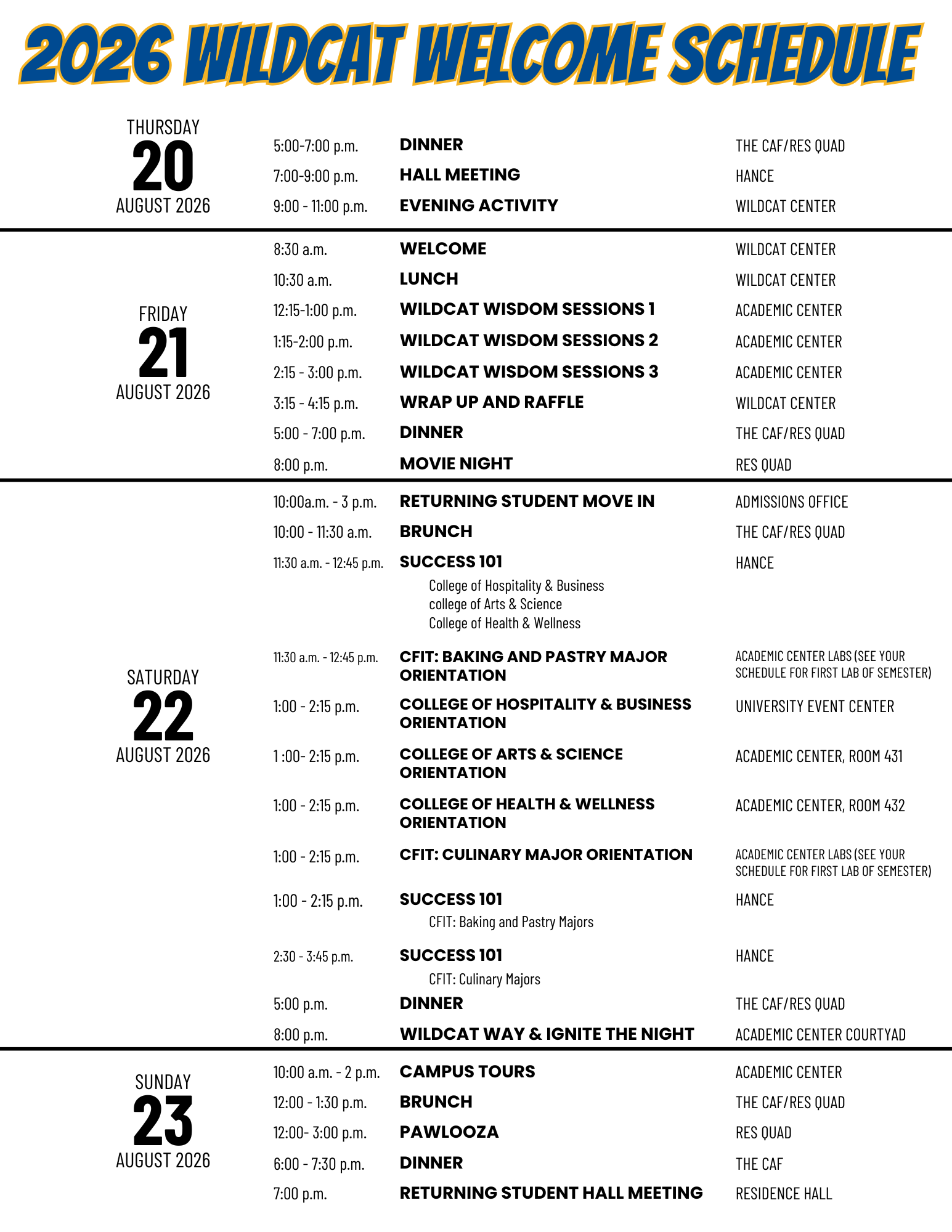 Wildcat Welcome Quick Glance Schedule