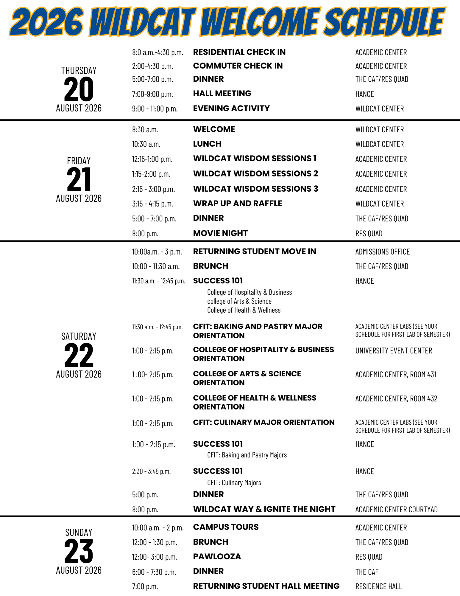 Wildcat Welcome Schedule 