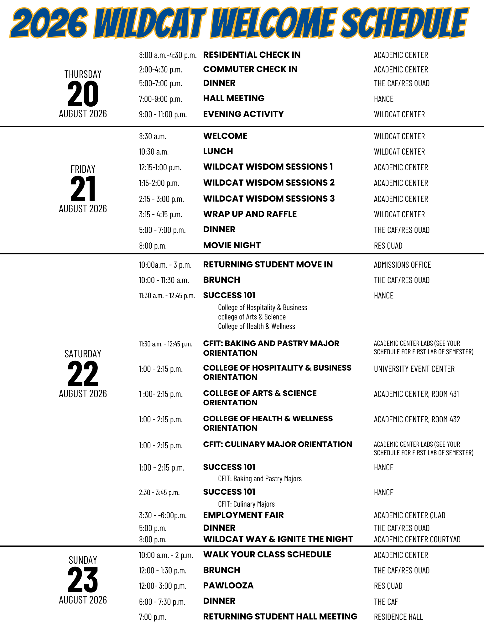 Wildcat Welcome Schedule 
